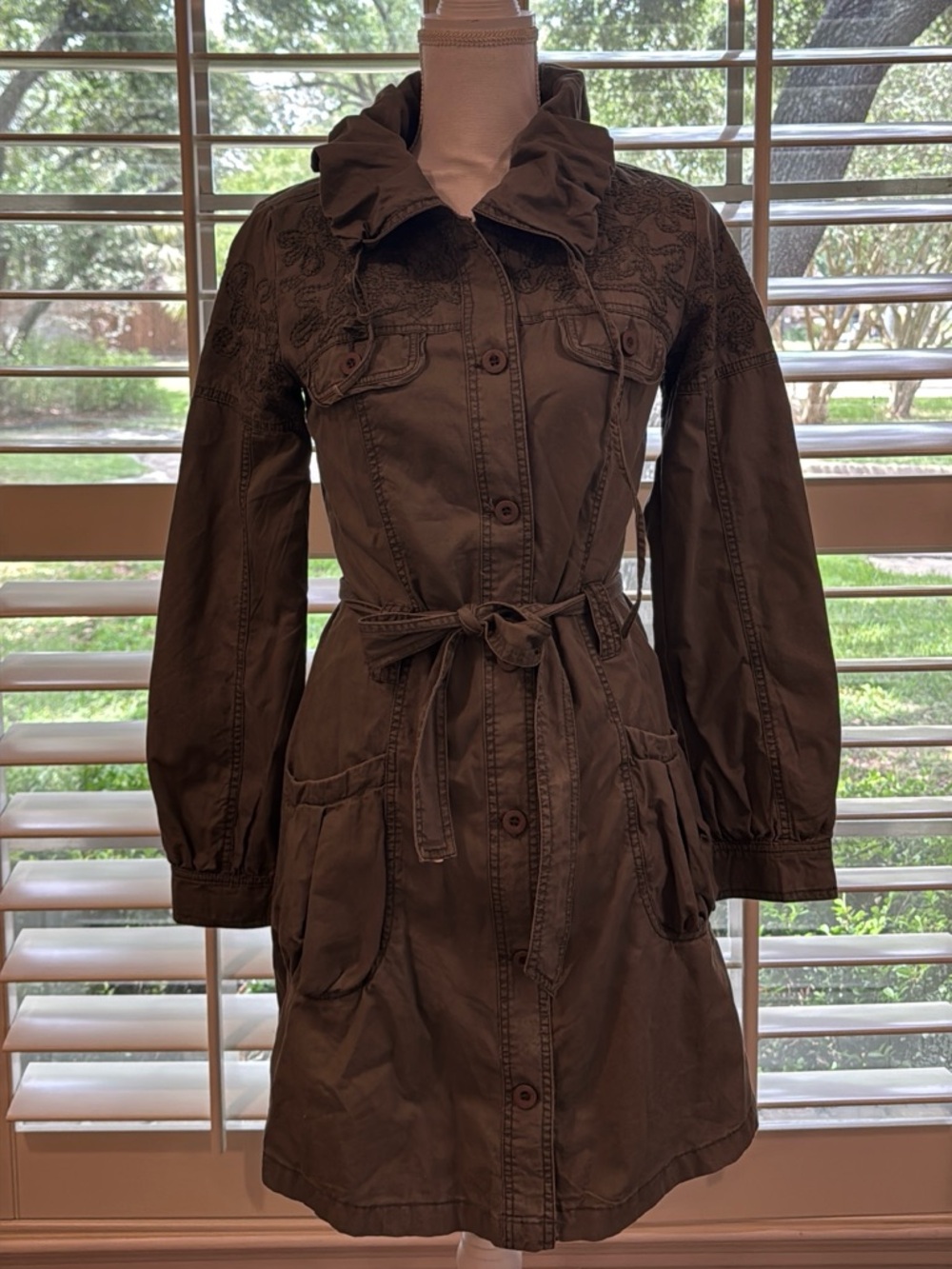 MUR MUR Olive Green Utility Trench Coat Belted Dress